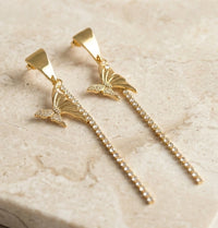 Butterfly Rhinestone Long Dangle Earrings - Anti Tarnish Gold Plated