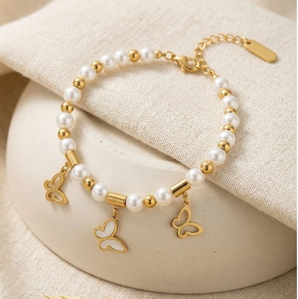 Elegant Butterfly Pearl Charm Bracelet Front View