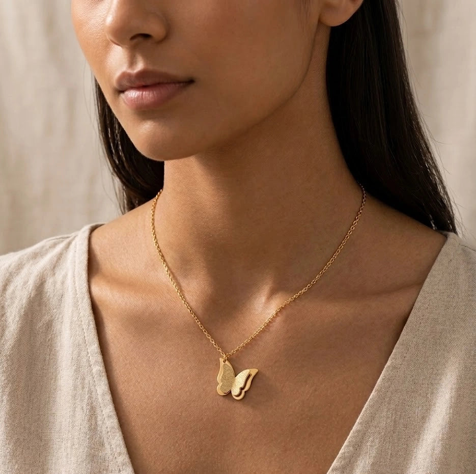 Textured Butterfly Pendant Necklace - Anti Tarnish Fashion Jewelry