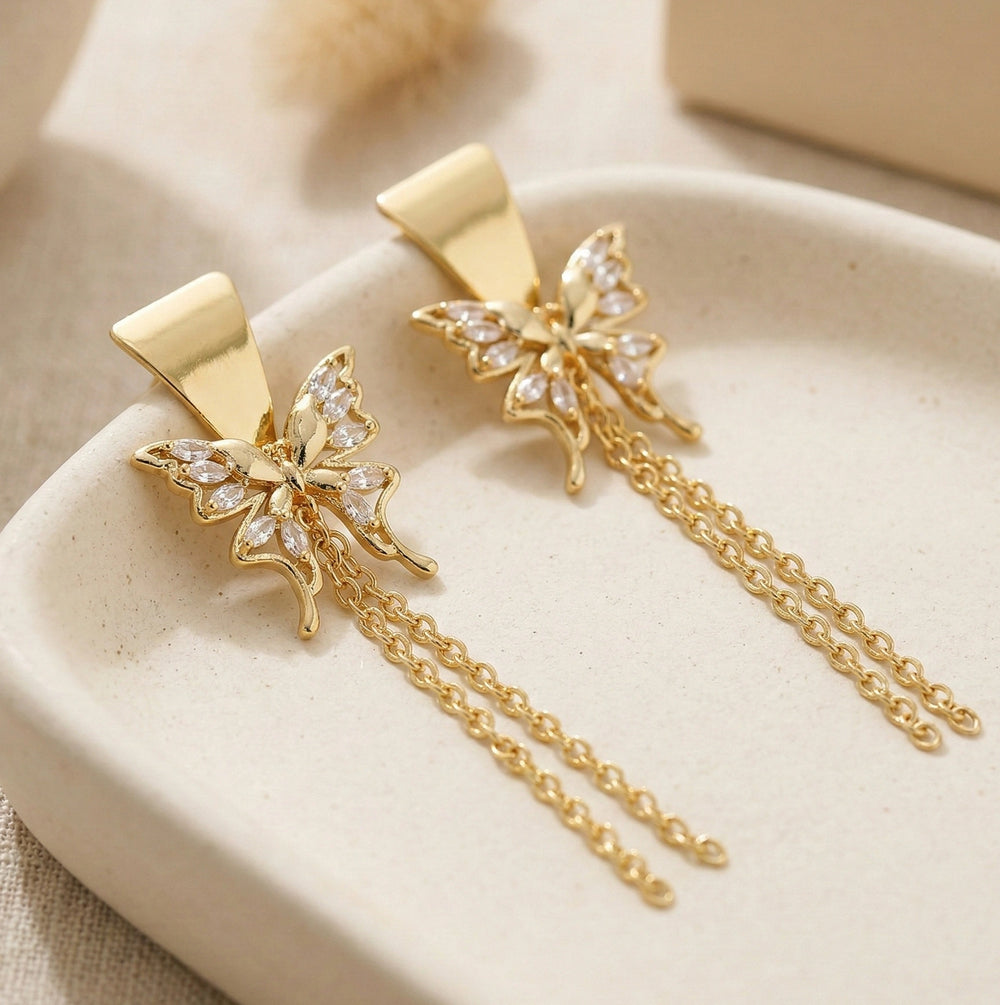 Anti-Tarnish Gold Plated Crystal Butterfly Tassel Earrings