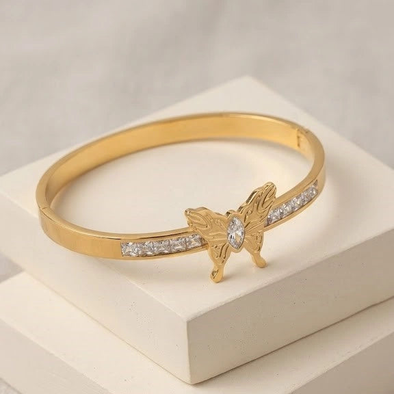 Butterfly Zirconia Gold Plated Bangle - Anti Tarnish Charm Bracelet for Women