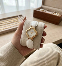 Vintage Clover Gold-Plated Watch with White Leather Strap | Anti-Tarnish