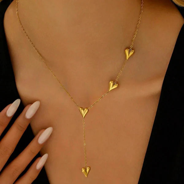 Cascading puffy heart necklace gold plated anti-tarnish lariat style
