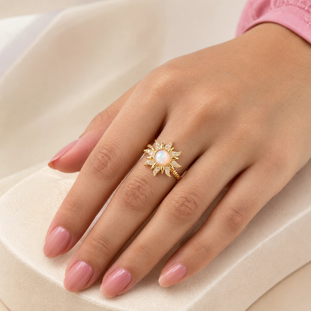 Opal Sunburst Adjustable Ring - Anti-Tarnish Gold Plated Celestial Jewelry
