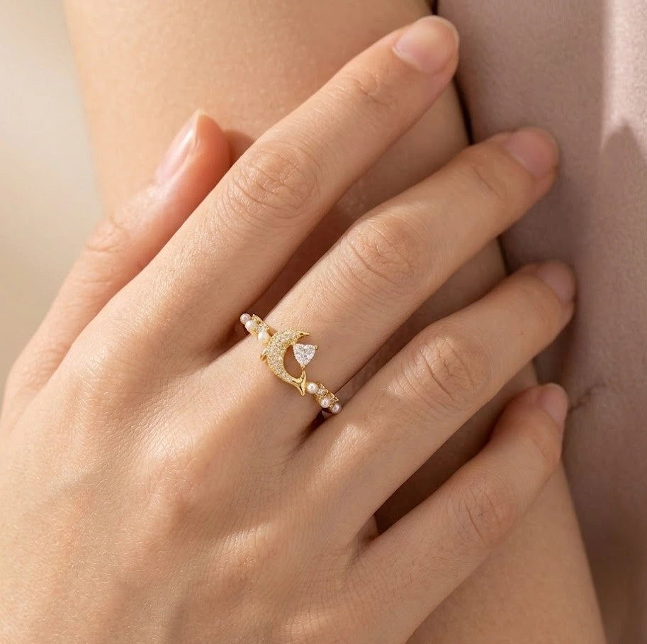 Celestial Moon & Heart Pearl Ring | High-Quality Korean Fashion Ring
