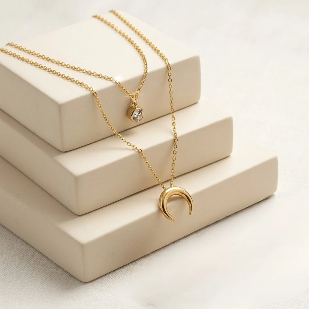 Celestial Moon & Solitaire Layered Necklace - Anti Tarnish Gold Plated Aesthetic Jewelry