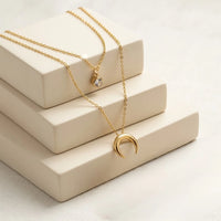 Celestial Moon & Solitaire Layered Necklace - Anti Tarnish Gold Plated Aesthetic Jewelry