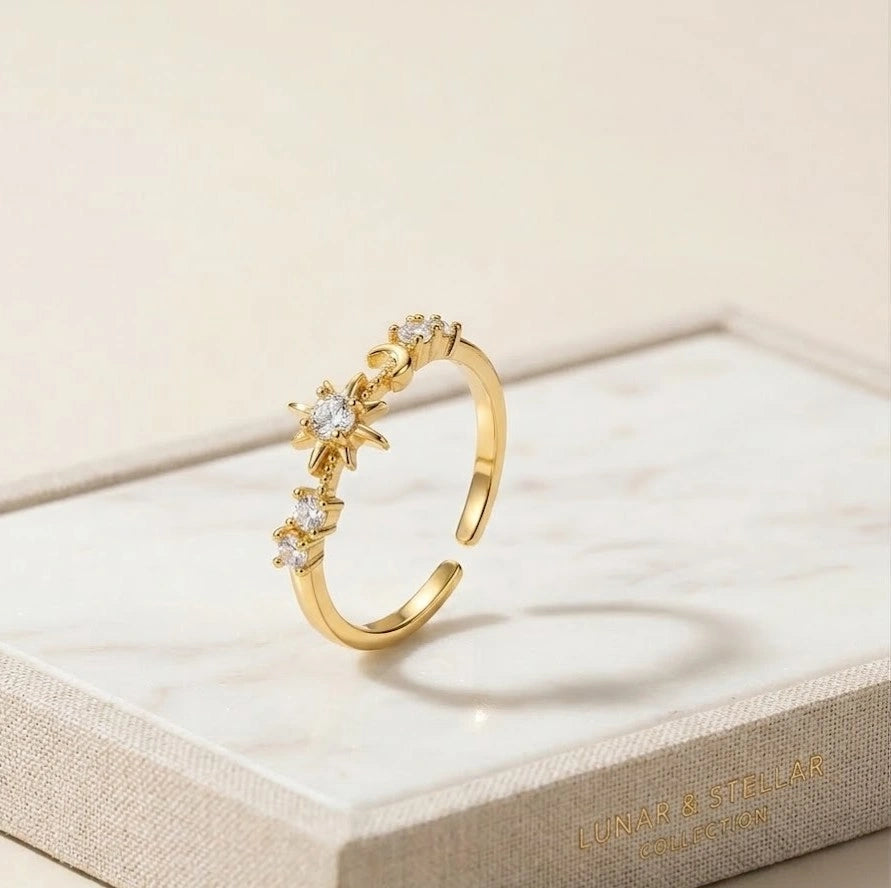 Celestial Star & Moon Dainty Ring | Anti-Tarnish Gold Plated