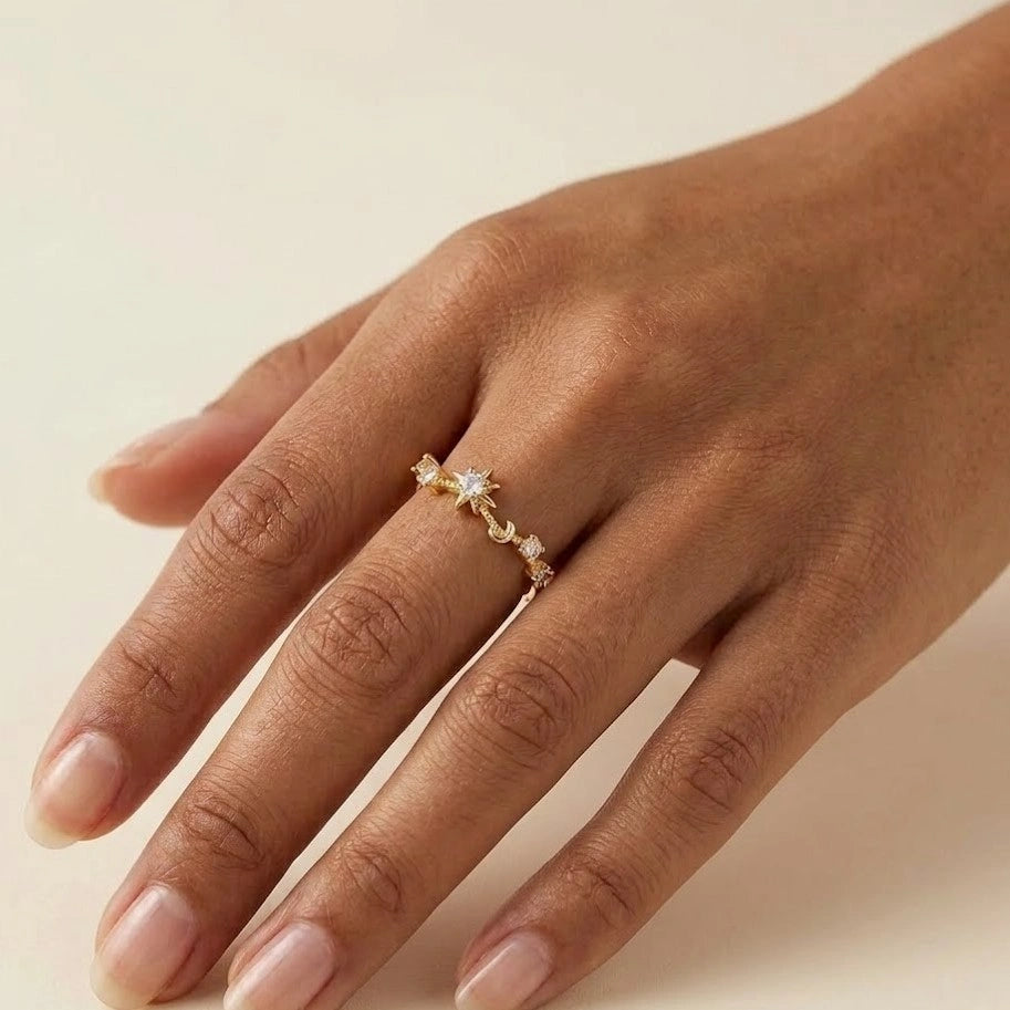 Celestial Star & Moon Dainty Ring | Anti-Tarnish Gold Plated