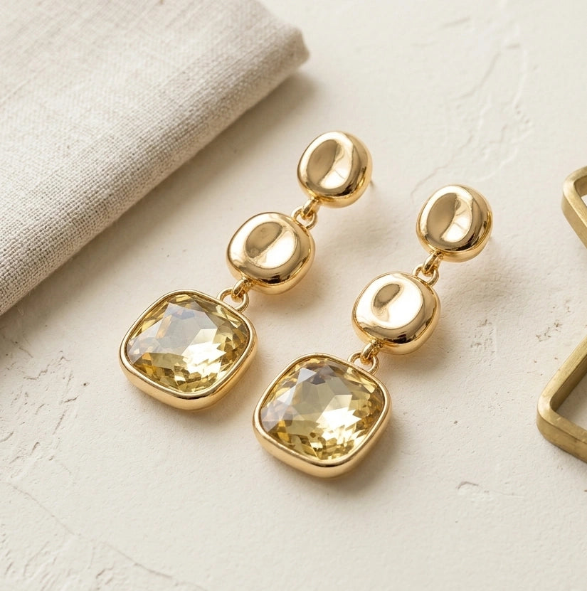 Champagne Crystal Triple Drop Statement Earrings - Gold Toned