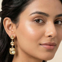 Champagne Crystal Triple Drop Statement Earrings - Gold Toned