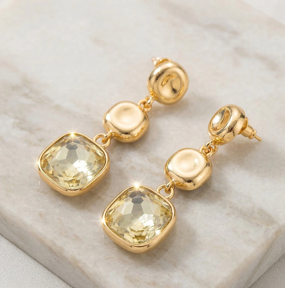 Champagne Crystal Triple Drop Statement Earrings - Gold Toned