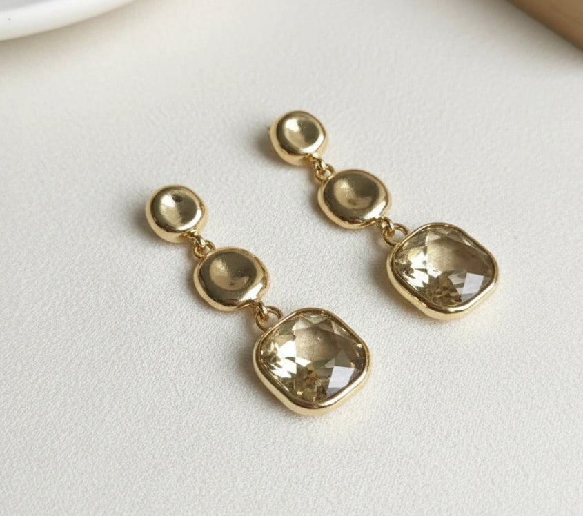 Champagne Crystal Triple Drop Statement Earrings - Gold Toned