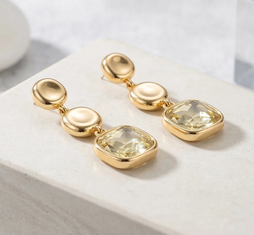 Champagne Crystal Triple Drop Statement Earrings - Gold Toned