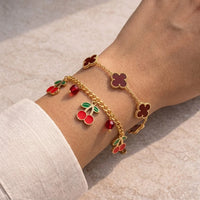 Cherry & Clover Charm Bracelet Combo - Anti-Tarnish Gold Plated K-Style Jewelry