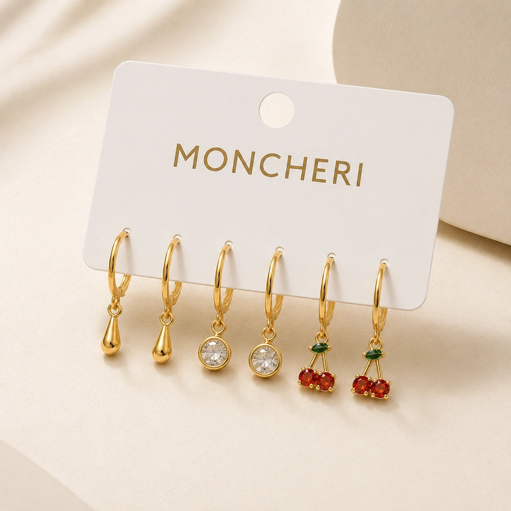 Cherry & Crystal Charm Hoop Earring Set - Anti Tarnish Gold Plated