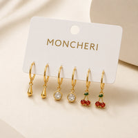 Cherry & Crystal Charm Hoop Earring Set - Anti Tarnish Gold Plated