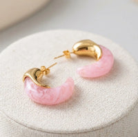 Pink Resin Statement Hoop Earrings - Dual Tone Chunky Fashion Jewelry