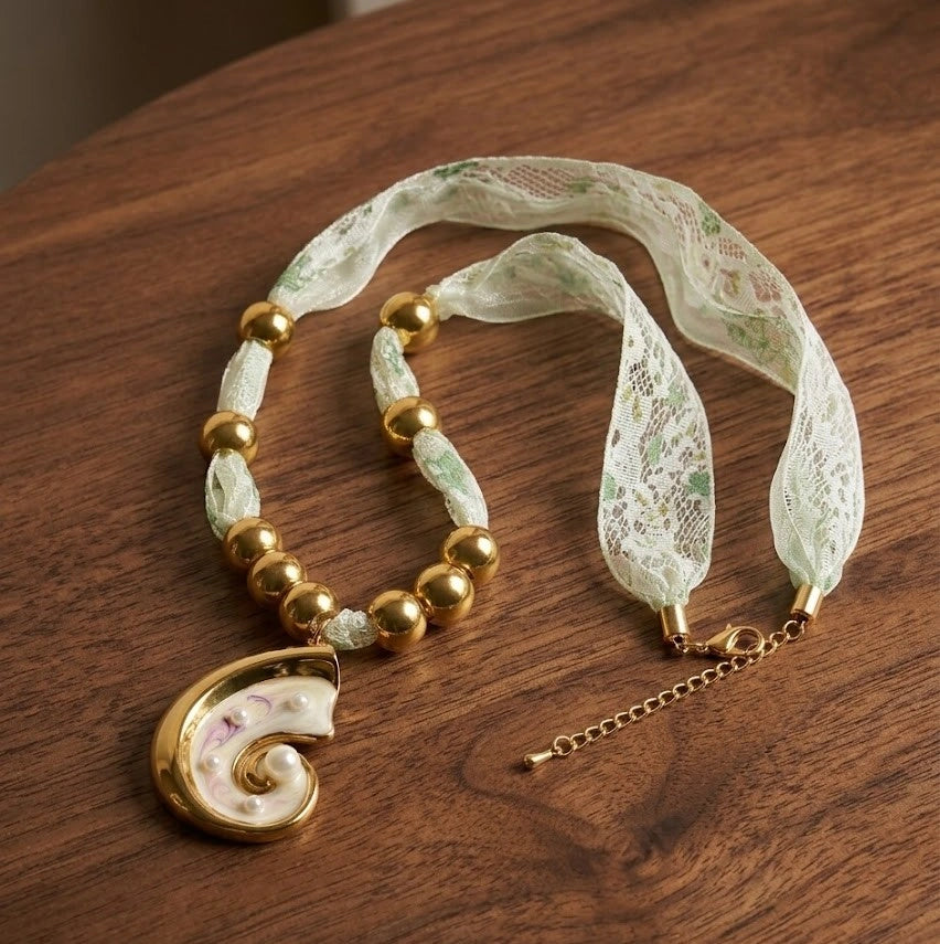 Vintage Swirl Pearl Pendant Ribbon Necklace - Anti-Tarnish Gold Plated