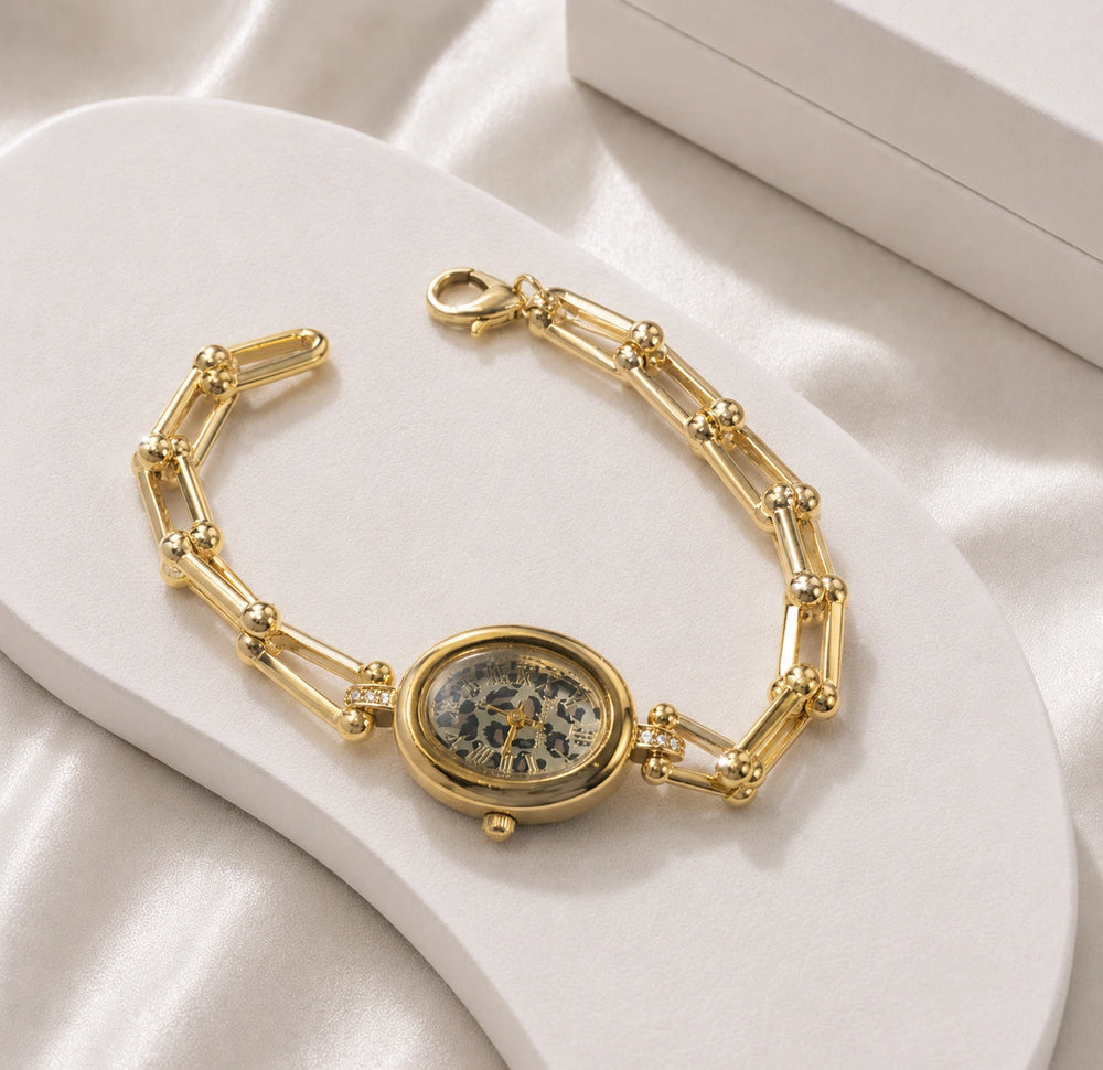 Anti-Tarnish Gold Plated Leopard Dial Chain Watch Bracelet | Moncheri Jewels