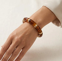 Vintage Amber Acrylic Statement Bracelet - Chunky Geometric Stretch Bangle