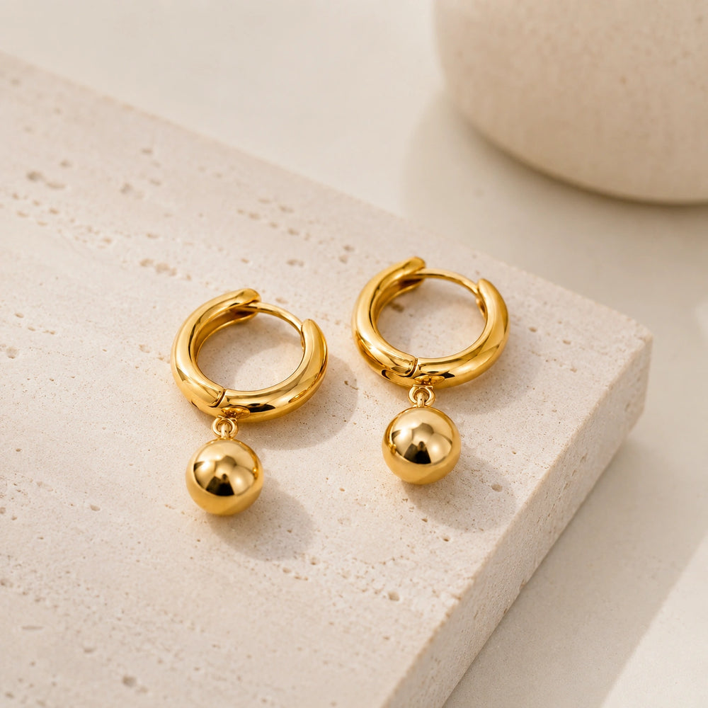 Chunky Ball Drop Hoop Earrings | Anti-Tarnish Gold-Plated