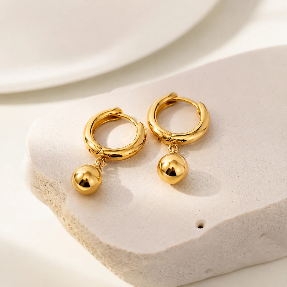 Chunky Ball Drop Hoop Earrings | Anti-Tarnish Gold-Plated