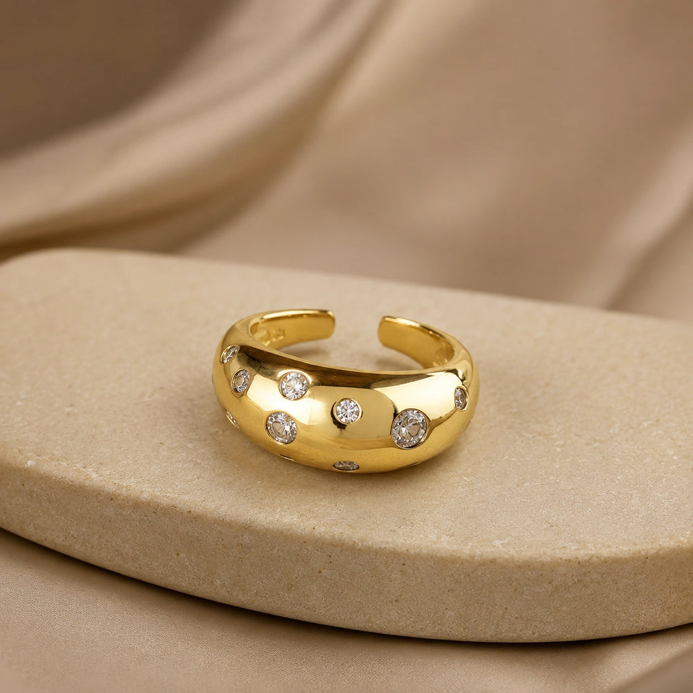 Chunky Dome Scattered Crystal Ring | Anti Tarnish Gold Plated Adjustable Ring