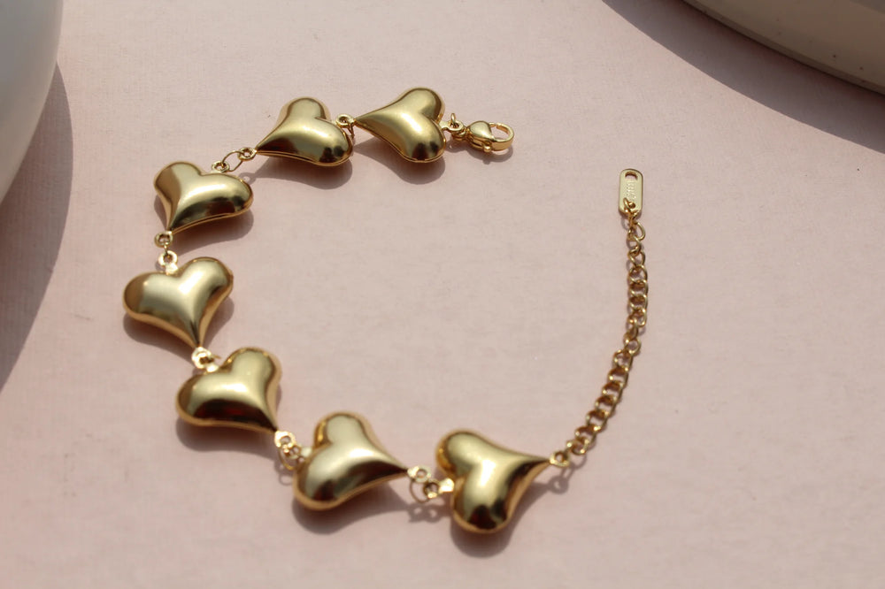 Anti-Tarnish Gold Plated Puffy Heart Link Bracelet - Korean Style
