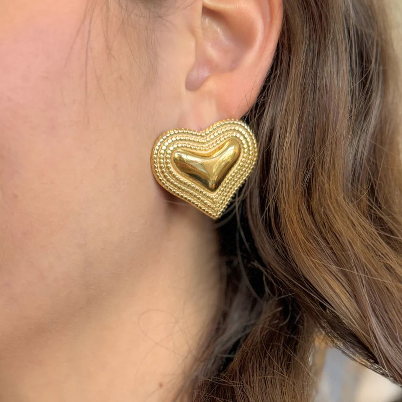 Chunky Gold Heart Stud Earrings | Vintage Statement Fashion Jewelry