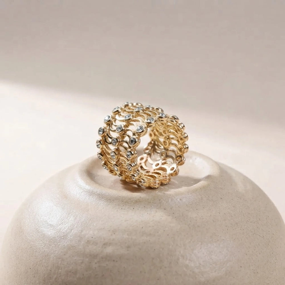 2 in 1 - Gold Multi-Layered Crystal Fashion Ring/ Bracelet- High Quality Statement Jewelry for Women