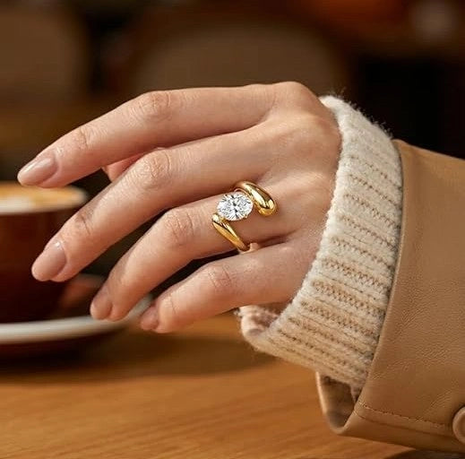 Chunky Solitaire Bypass Ring - Anti Tarnish Fashion Jewelry