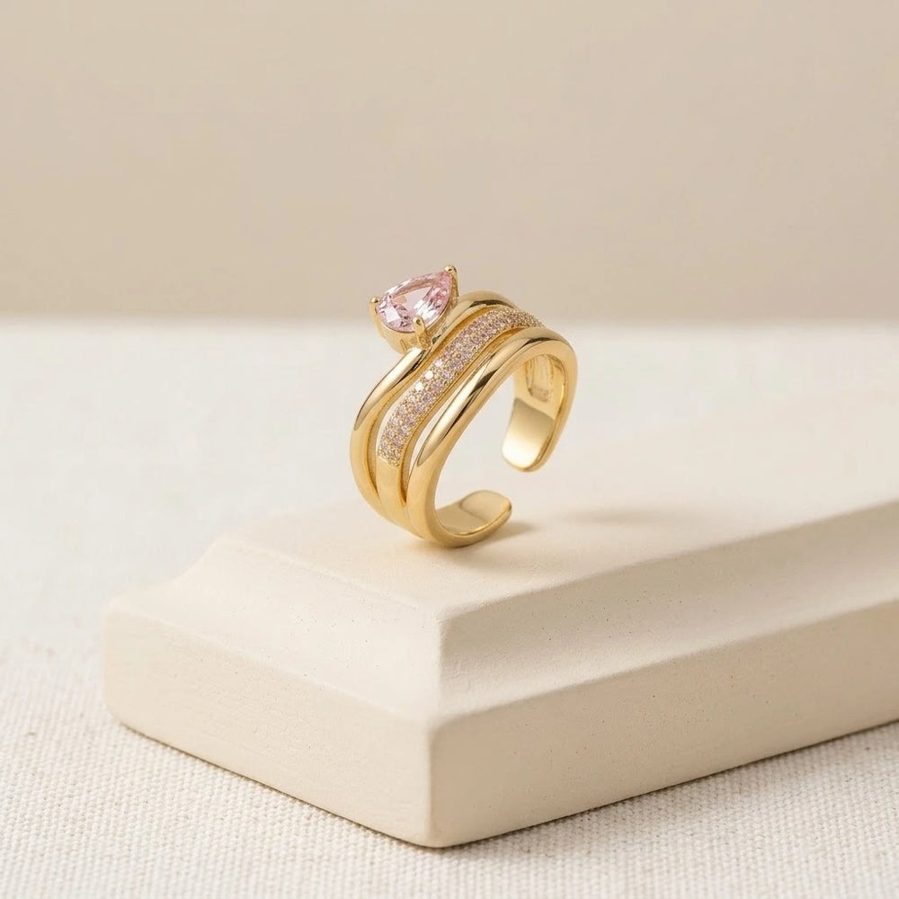 Teardrop Pink Stone Layered Ring | Anti-Tarnish Gold Plated