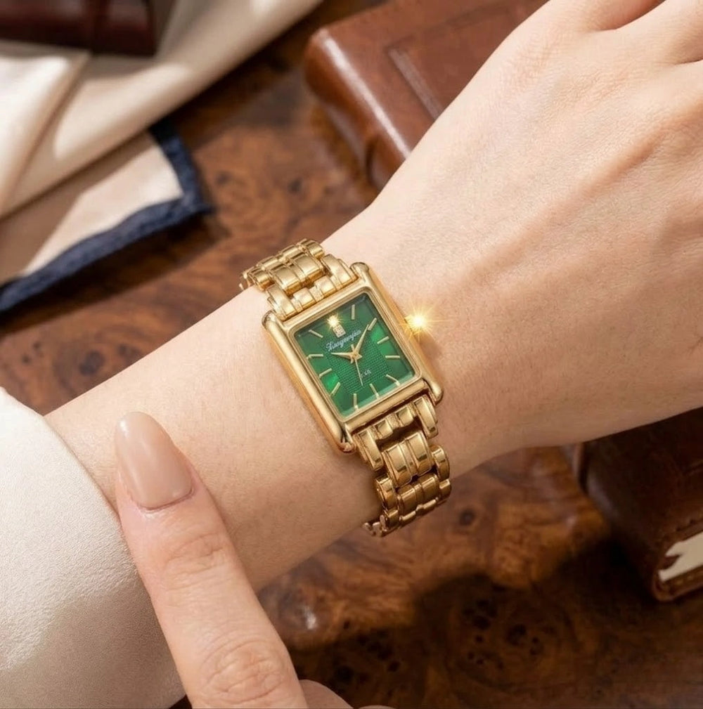 Emerald Green Minimalist Rectangular Anti-Tarnish Gold Plated Watch for Women