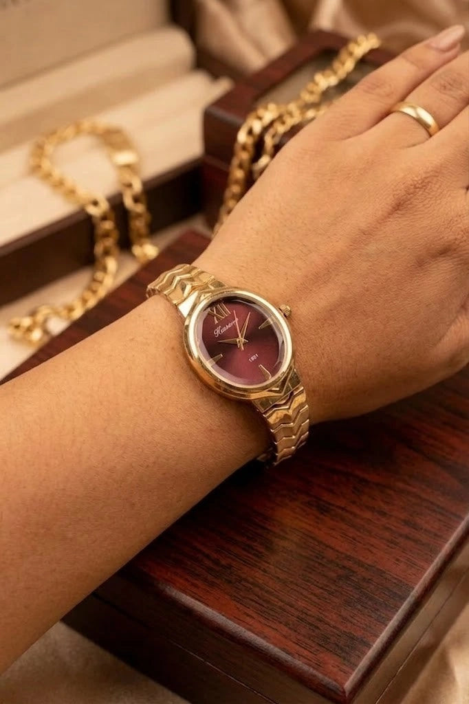 Classic Burgundy Dial Gold-Plated Anti-Tarnish Ladies Watch