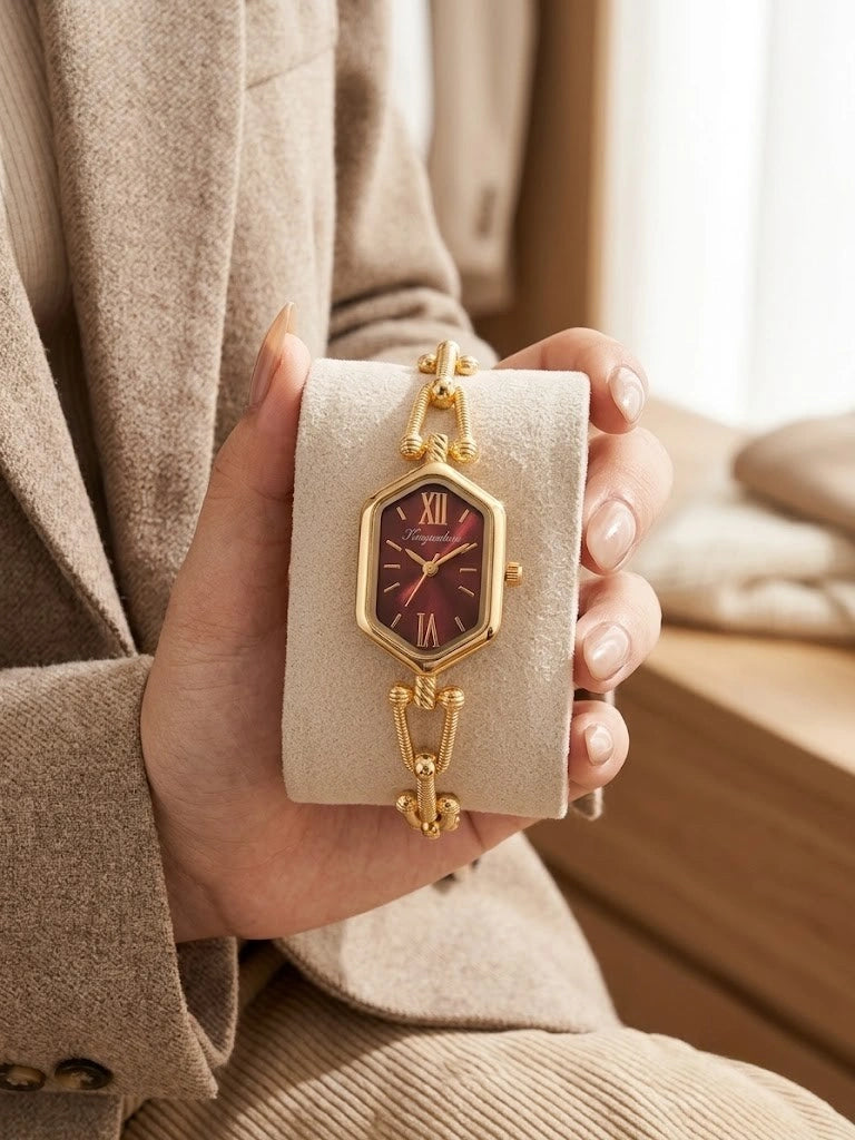 Retro Luxe Hexagon Anti-Tarnish Gold Plated Watch - Maroon Dial Edition