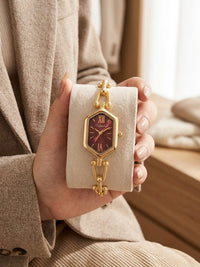 Retro Luxe Hexagon Anti-Tarnish Gold Plated Watch - Maroon Dial Edition