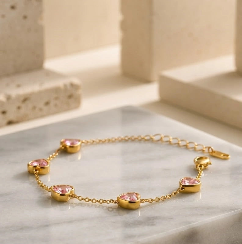 Pink Heart Anti-Tarnish Gold Plated Bracelet | Korean Minimalist Jewelry