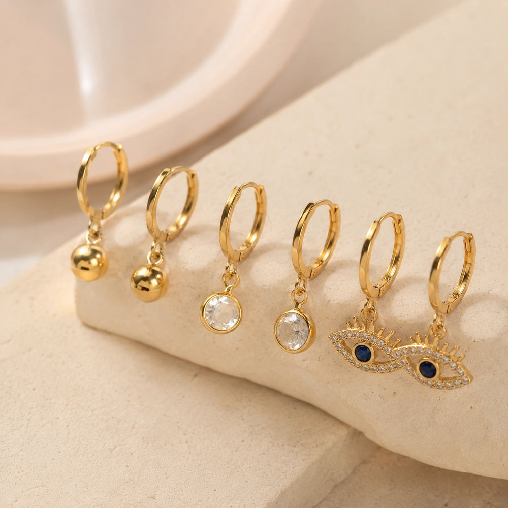 Evil Eye & Minimalist Hoop Earrings Set of 3 - Anti Tarnish Gold Plated