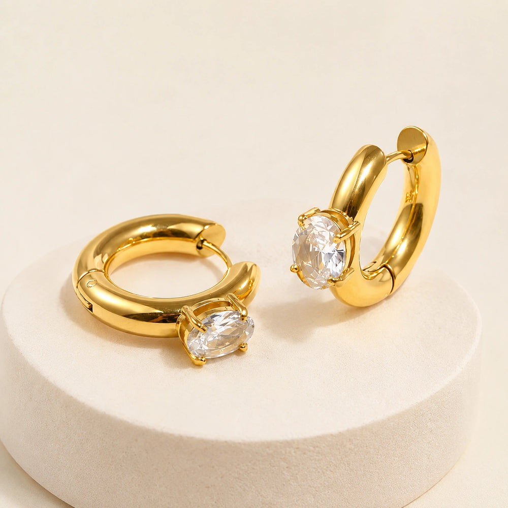 Solitaire Stone Hoop Earrings - Anti Tarnish Gold Plated