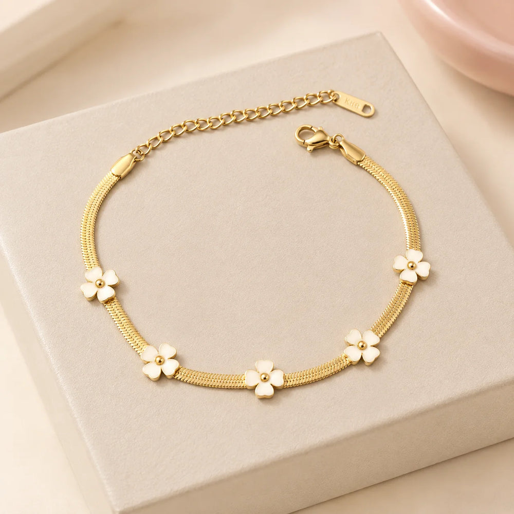 White Floral Snake Chain Bracelet - Anti Tarnish Gold Plated