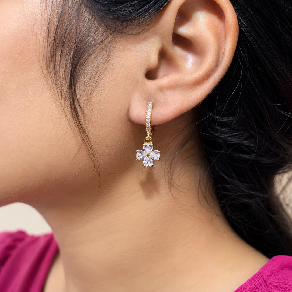 Crystal Flower Dangle Earrings - Anti Tarnish Gold Plated