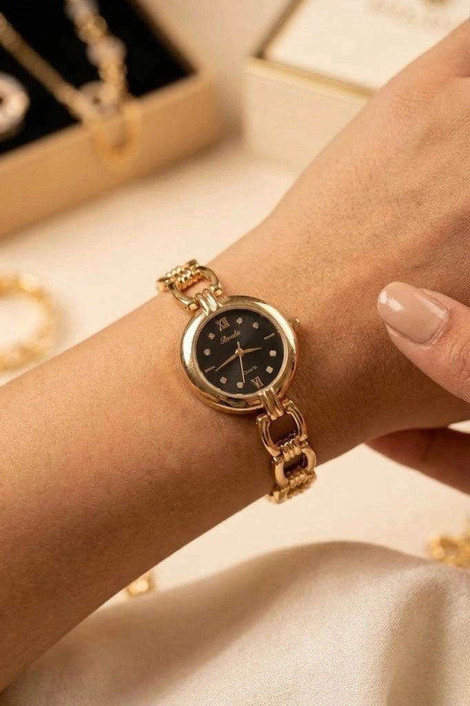Premium Black Dial Anti-Tarnish Gold Plated Chain Watch for Women
