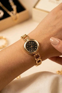 Premium Black Dial Anti-Tarnish Gold Plated Chain Watch for Women