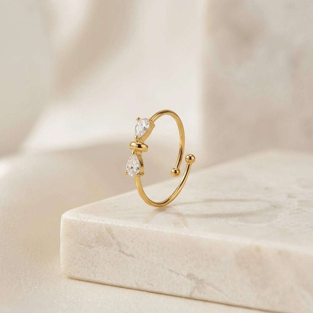 Dainty Crystal Bow Adjustable Ring - Anti-Tarnish Gold Plated