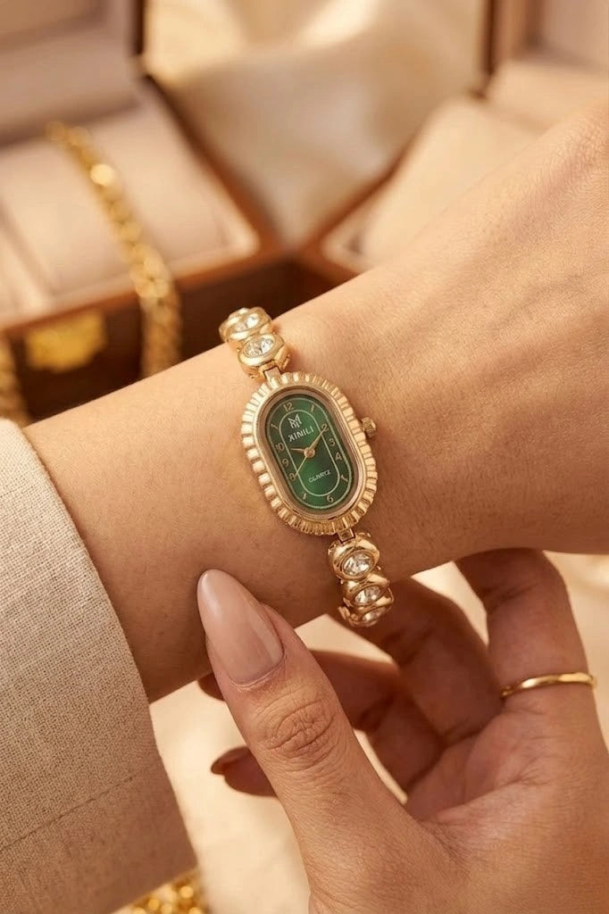 Vintage Oval Emerald Watch – Anti-Tarnish Gold Plated Bracelet Watch