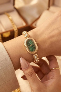 Vintage Oval Emerald Watch – Anti-Tarnish Gold Plated Bracelet Watch