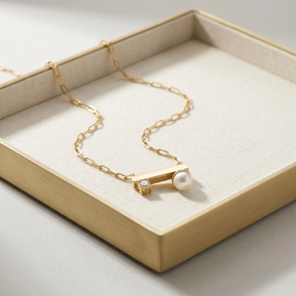 Minimalist Pearl & Crystal Bar Necklace | Anti Tarnish Gold Plated