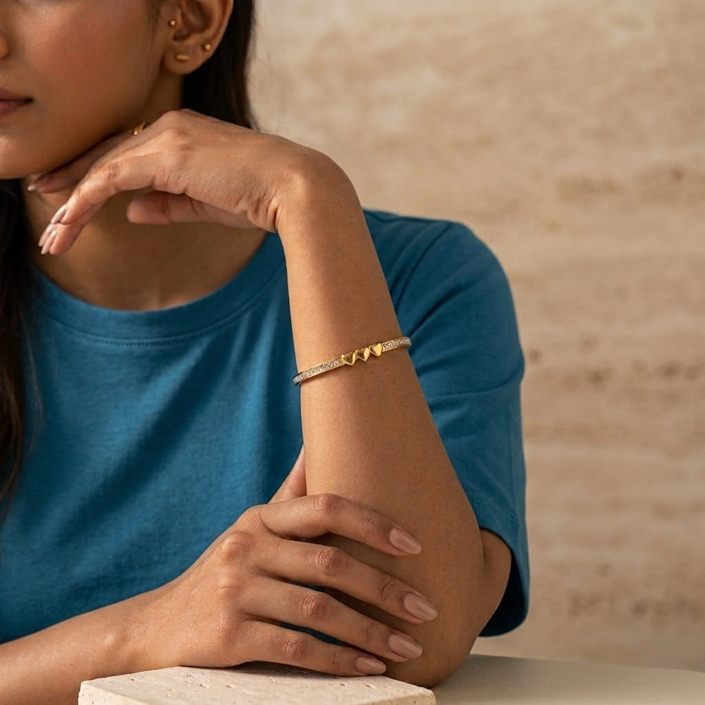 Triple Heart Crystal Bangle | Anti-Tarnish Gold-Plated Bracelet