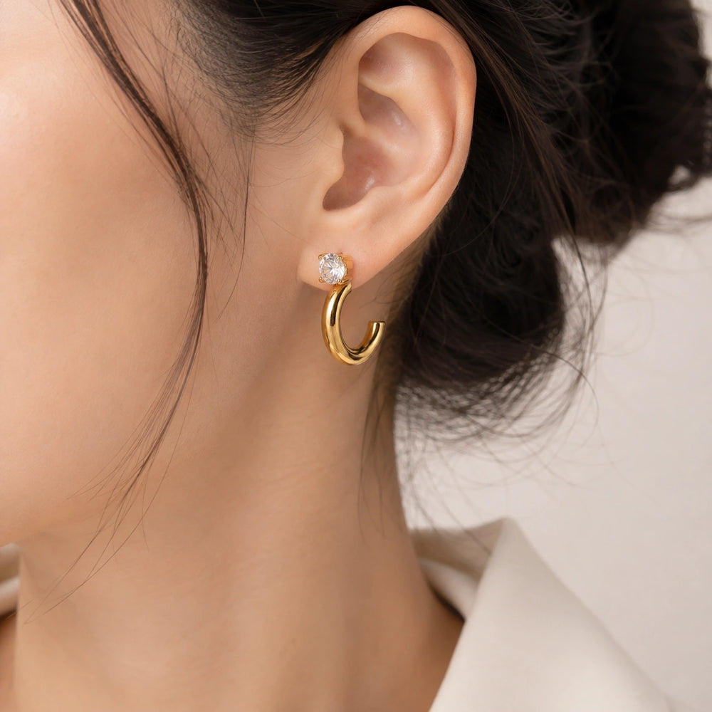 Crystal Solitaire C-Hoop Earrings | Anti Tarnish Gold Plated